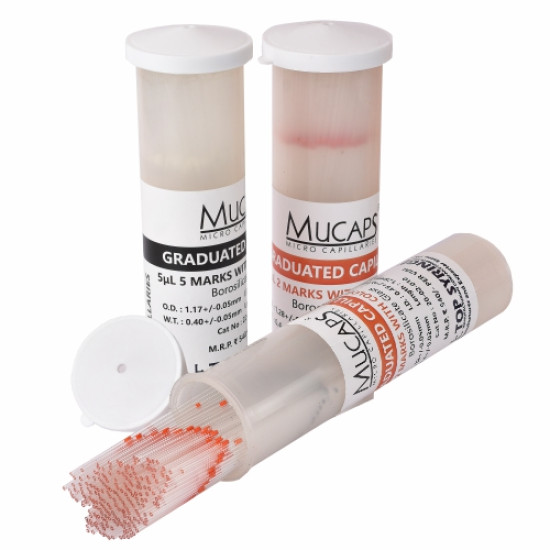 MUCAPS Graduated (GR) Capillary with Color Code Capacity 100µL with 1 mark at 100μl (I.D (±0.10mm) 1.25) ,( Pcs. Per Vial - 100x5)