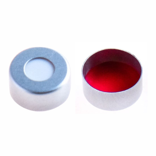 Colpak ND 11 Crimp Neck Vials 12 x 32mm, 11mm Aluminium Septas & Caps , Aluminium Cap Clear 5.5mm Center Hole Silicone White / PTFE Red